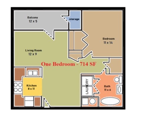 A floor plan of a one bedroom apartment with a living room, kitchen, bathroom and balcony.